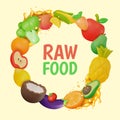 3d Raw Food Vegetables and Fruits Sign Round Design Template Banner Cartoon Style. Vector Royalty Free Stock Photo