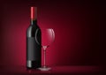 Vector image of a bottle of red wine with label and a glass goblet in photorealistic style on a red dark background. 3d