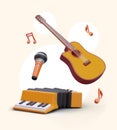 3d realistic accordion, guitar and microphone and notes