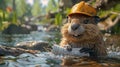 A 3D realistic action rendering of a beaver architect building a log dam complete with blueprints and a hard hat in a bustling