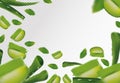 3D realistic aloe with green leaf. Freshly aloe vera in motion. Slice Aloe. Herbal medicine. Aloe vera a cactus close up