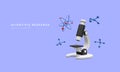 3d realistic banner with microscope, molecules and atom isolated on blue background. Medicine, biology, chemistry and science Royalty Free Stock Photo