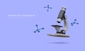 3d realistic banner with microscope, molecules isolated on blue background. Medicine, biology, chemistry and science concept in Royalty Free Stock Photo