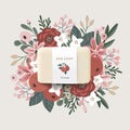 3D realistic bar soap illustration mock-up, template with paper label. Hand drawn orange fruit, leaves and flowers