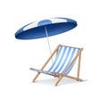 3d realistic beach sunbed with umbrella, wooden deck chair. Summertime relax armchair