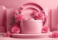 3D realistic beauty products presented on a podium with pink carnations and pink circular geometry on a pink pastel background.