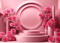 3D realistic beauty products presented on a podium with pink carnations and pink circular geometry on a pink pastel background.