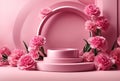 3D realistic beauty products presented on a podium with pink carnations and pink circular geometry on a pink pastel background.