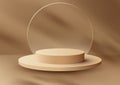 3D realistic beige podium platform stand with circle transparent glass on brown background and natural light