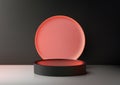 3D realistic black colors empty podium platform with pink neon color circle backdrop product display minimal wall scene black