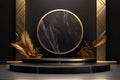 3D Realistic Black and Gold Marble Podium with Gold Leaves Royalty Free Stock Photo