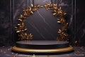 3D Realistic Black and Gold Marble Podium with Gold Leaves Royalty Free Stock Photo