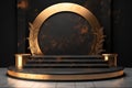 3D Realistic Black and Gold Marble Podium with Gold Leaves Royalty Free Stock Photo