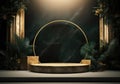 3d realistic black pedestal on a black background with golden elements and palm leaves. Empty space design luxury mockup scene for Royalty Free Stock Photo