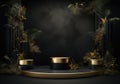 3d realistic black pedestal on a black background with golden elements and palm leaves. Empty space design luxury mockup scene for Royalty Free Stock Photo