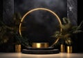 3d realistic black pedestal on a black background with golden elements and palm leaves. Empty space design luxury mockup scene for Royalty Free Stock Photo