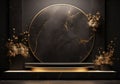 3d realistic black pedestal on a black background with golden elements and palm leaves. Empty space design luxury mockup scene for Royalty Free Stock Photo