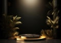 3d realistic black pedestal on a black background with golden elements and palm leaves. Empty space design luxury mockup scene for Royalty Free Stock Photo