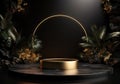 3d realistic black pedestal on a black background with golden elements and palm leaves. Empty space design luxury mockup scene for Royalty Free Stock Photo