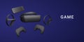 3d realistic black virtual reality glasses, gamepads, gaming console and gaming controller isolated on dark background. Time to