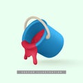3d realistic blue bucket of red paint in cartoon style. Vector illustration