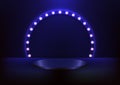 3D realistic blue podium pedestal with glowing light bulb circle backdrop on dark background retro style
