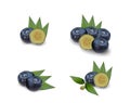 3D realistic blueberry set, lying heaps of berries with leaves, falling bilberries