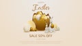 3d realistic bunny with gold easter egg elements. Banner template design