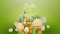 3d realistic bunny with gold easter egg elements with flower and leaf decorations