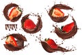 3d realistic chocolate splash with strawberry. Collection strawberries covered in chocolate. Sweet chocolate dessert on