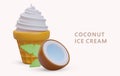 3d realistic coconut natural ice cream and half of coconut