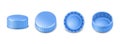 Realistic collection of blue plastic bottle caps in side, top and bottom view. Mockup with pet screw lids for water, beer, cider