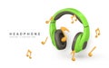 3d realistic colour headphone with music note for music concept design in plastic cartoon style. Vector illustration Royalty Free Stock Photo