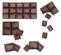 3D realistic dark chocolate on white background. Collection pieces of chocolate in motion. Icon vector. Royalty Free Stock Photo