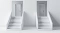 A 3D realistic depiction of two white staircases on each side of an entrance door. Modern illustration of abstract blank