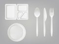 3d realistic disposable plastic lunch box, plate, spoon, fork, knife. Picnic tableware set on gray background.