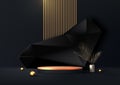 3D realistic elegant black and gold cylinder podium stand with black stone backdrop decoration golden ball