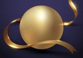 3D realistic elegant golden sphere ball with gold ribbon curly wave on purple background luxury style Royalty Free Stock Photo