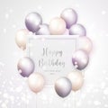 3D realistic elegant lilac grey cream white ballon and square frame Happy Birthday celebration card banner template background