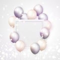 3D realistic elegant lilac grey cream white ballon and square frame Happy Birthday celebration card banner template background