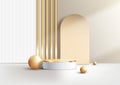 3D realistic elegant white and gold cylinder podium stand decoration golden ball white and gold battens backdrop