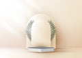 3D realistic elegant white square layers rounded backdrop with tropical palm leaves on beige background