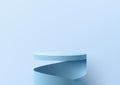 3D realistic empty blue podium stand swirl spiral ribbon minimal wall scene background