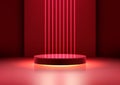 3D realistic empty red podium stand with red neon laser lines backdrop on dark red background modern technology style Royalty Free Stock Photo