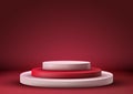 3D realistic empty red and white podium steps stand minimal wall scene on red background