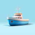 3d realistic fishing boat cartoon illustration of vessel for fishing, blue and white colors