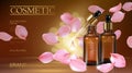 3d realistic flower natural organic cosmetic ad. Rose pink petal brown glass serum essence face oil droplet care. Bottle