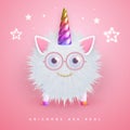 3D realistic  fluffy unicorn with rainbow horn isolated on pink background. Royalty Free Stock Photo