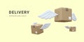 3d realistic flying cardboard boxes with wings. Parcel fast delivery service concept in cartoon style. Vector illustration Royalty Free Stock Photo