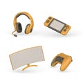 3d realistic gamer accessories and equipment set. Monitor, headphones, game pad. Vector illustration